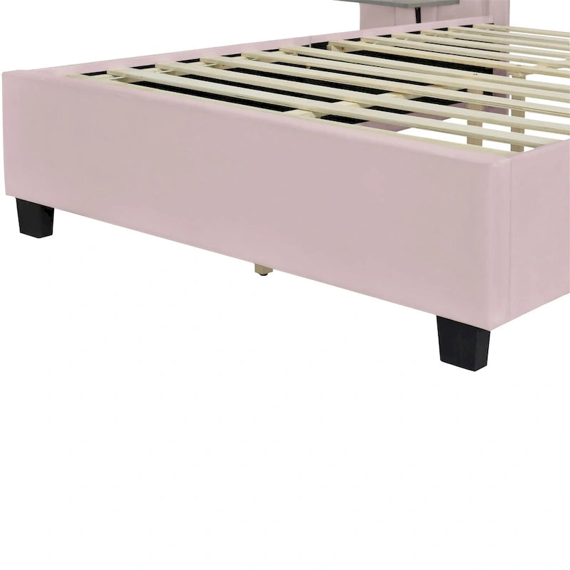 Pink Full Size Modern Style Velvet Upholstered Platform Bed with Big Headboard for Bedroom