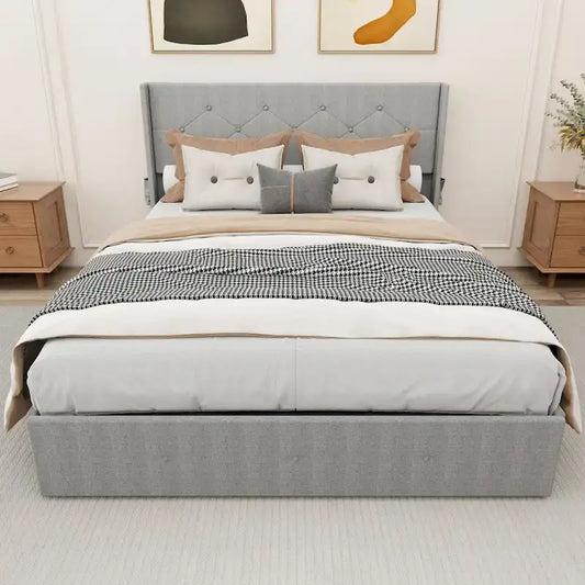 Light Gray Queen Size Modern Metal Platform Bed with Storage,Wingback Headboard and USB Ports