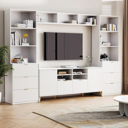 White 112.5 Entertainment Wall Unit with 13 Shelves, 8 Drawers and 2 Cabinets for TVs Up to 70