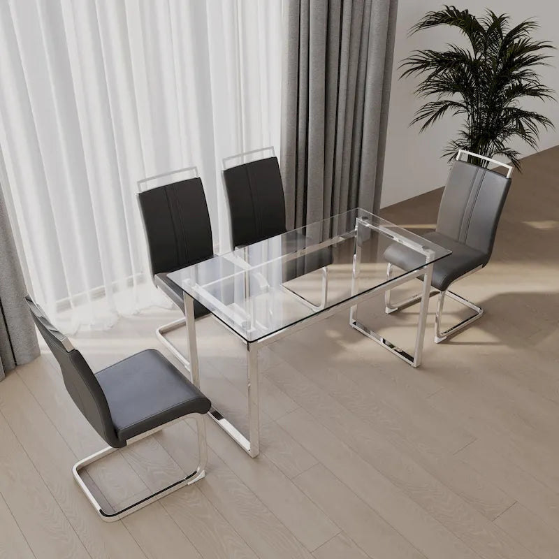 Modern 5-Piece Dining Set with Rectangular Glass Table & High Back Silver-Plated Legs Dining Armless Chairs