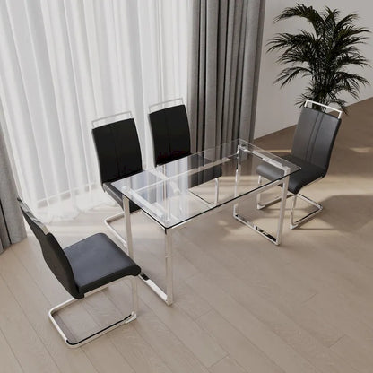 Modern 5-Piece Dining Set with Rectangular Glass Table & High Back Silver-Plated Legs Dining Armless Chairs