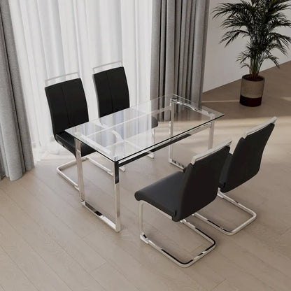 Modern 5-Piece Dining Set with Rectangular Glass Table & High Back Silver-Plated Legs Dining Armless Chairs