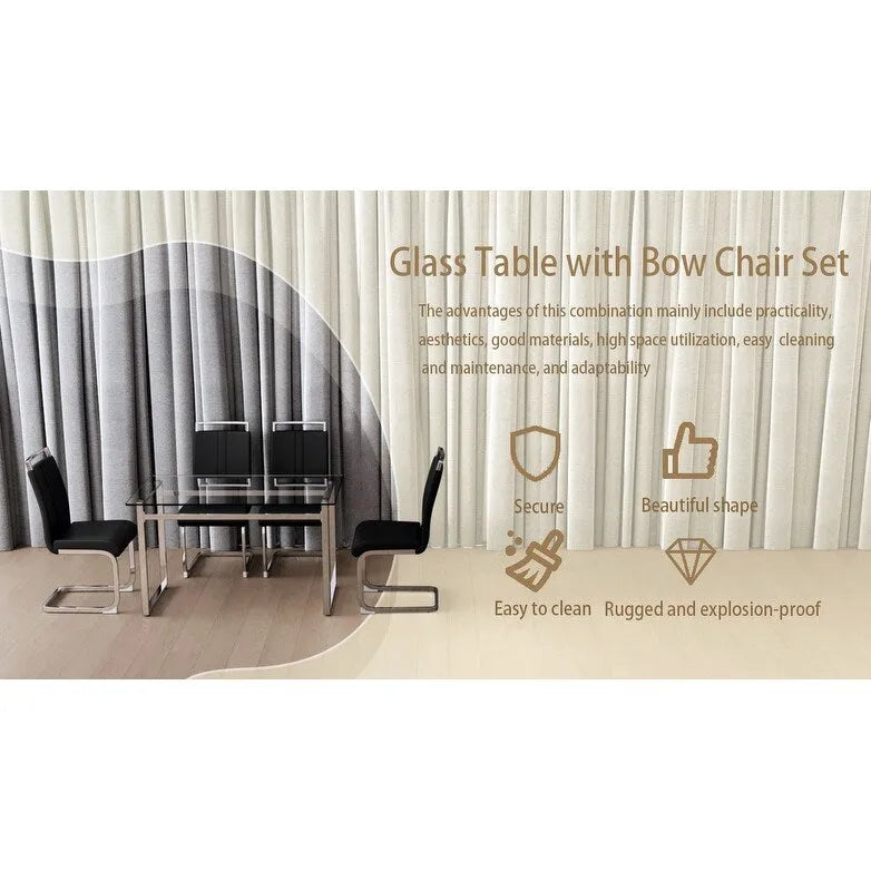 Modern 5-Piece Dining Set with Rectangular Glass Table & High Back Silver-Plated Legs Dining Armless Chairs