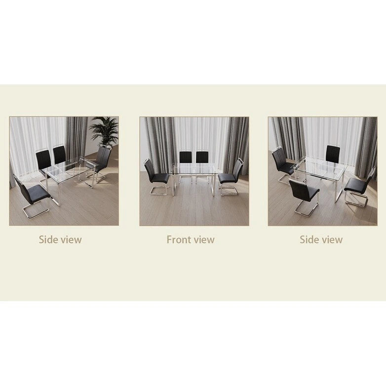 Modern 5-Piece Dining Set with Rectangular Glass Table & High Back Silver-Plated Legs Dining Armless Chairs