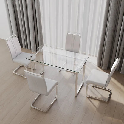 Modern 5-Piece Dining Set with Rectangular Glass Table & High Back Silver-Plated Legs Dining Armless Chairs