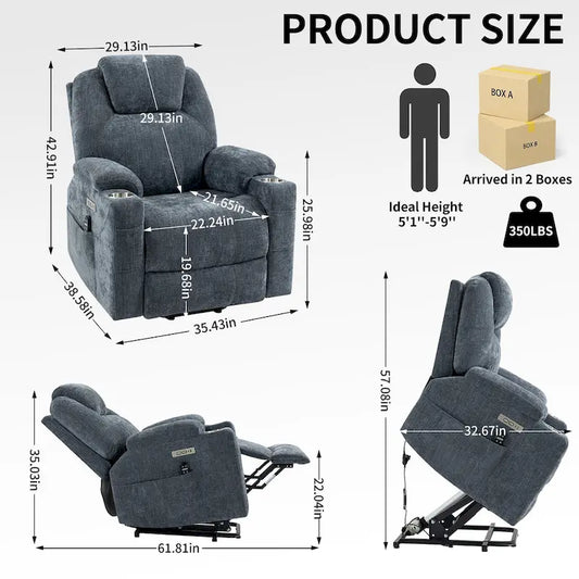 Blue Power Lift Recliner with 8-Point Massage, Heated Lumbar, Dual USB Ports, and Stainless Steel Cup Holders