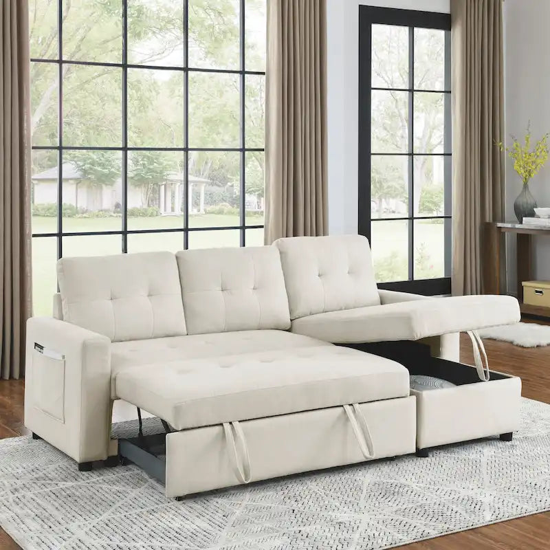 Beige 78.5 Reversible 3 Seater Sleeper Sectional Sofa with Storage Chaise, Pull-Out Bed and Side Pocket