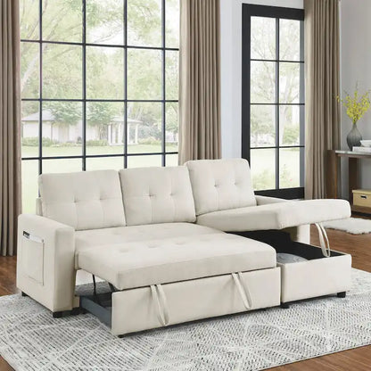 Beige 78.5 Reversible 3 Seater Sleeper Sectional Sofa with Storage Chaise, Pull-Out Bed and Side Pocket