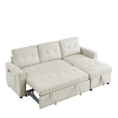 Beige 78.5 Reversible 3 Seater Sleeper Sectional Sofa with Storage Chaise, Pull-Out Bed and Side Pocket