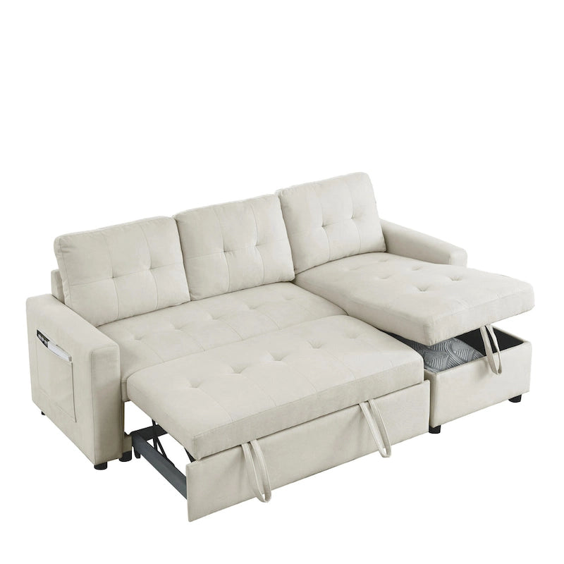 Beige 78.5 Reversible 3 Seater Sleeper Sectional Sofa with Storage Chaise, Pull-Out Bed and Side Pocket
