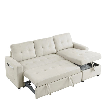 Beige 78.5 Reversible 3 Seater Sleeper Sectional Sofa with Storage Chaise, Pull-Out Bed and Side Pocket