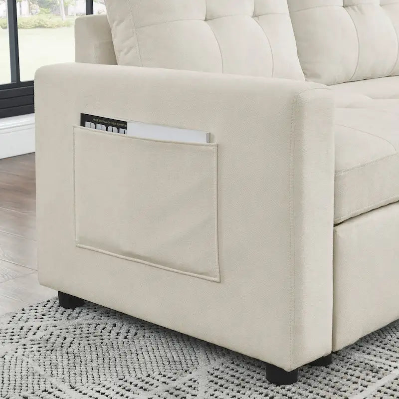Beige 78.5 Reversible 3 Seater Sleeper Sectional Sofa with Storage Chaise, Pull-Out Bed and Side Pocket