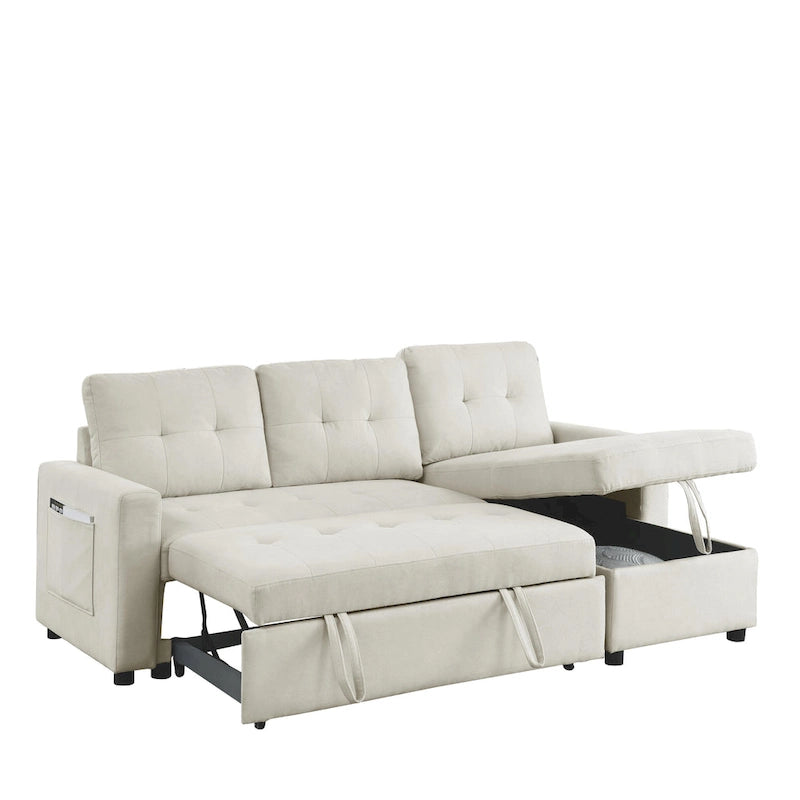 Beige 78.5 Reversible 3 Seater Sleeper Sectional Sofa with Storage Chaise, Pull-Out Bed and Side Pocket