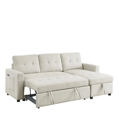 Beige 78.5 Reversible 3 Seater Sleeper Sectional Sofa with Storage Chaise, Pull-Out Bed and Side Pocket