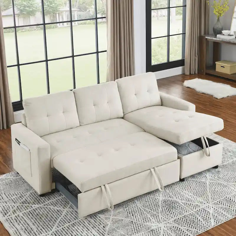 Beige 78.5 Reversible 3 Seater Sleeper Sectional Sofa with Storage Chaise, Pull-Out Bed and Side Pocket