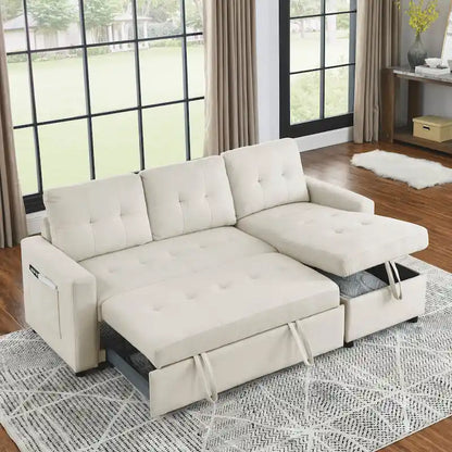 Beige 78.5 Reversible 3 Seater Sleeper Sectional Sofa with Storage Chaise, Pull-Out Bed and Side Pocket