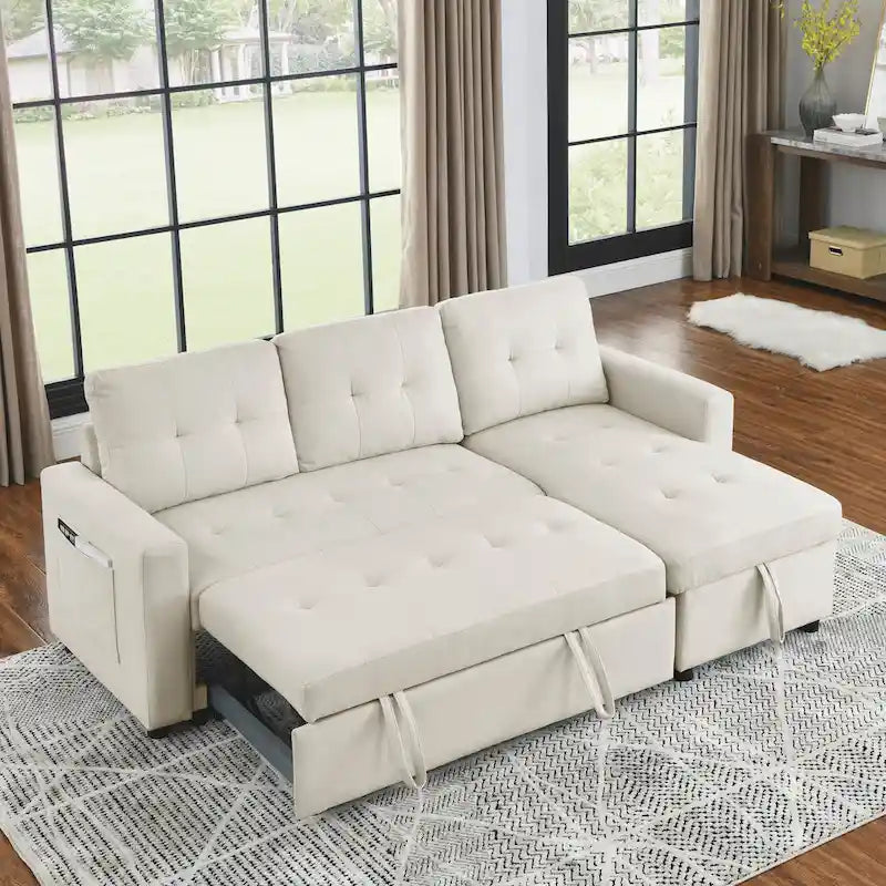 Beige 78.5 Reversible 3 Seater Sleeper Sectional Sofa with Storage Chaise, Pull-Out Bed and Side Pocket