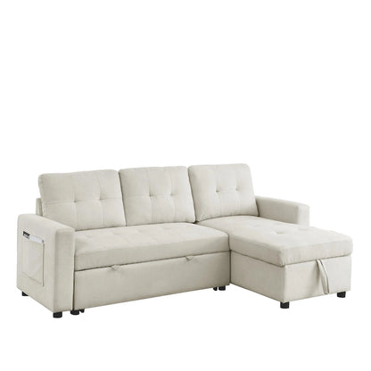 Beige 78.5 Reversible 3 Seater Sleeper Sectional Sofa with Storage Chaise, Pull-Out Bed and Side Pocket