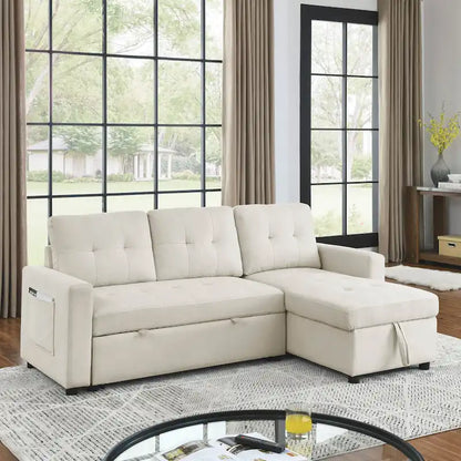 Beige 78.5 Reversible 3 Seater Sleeper Sectional Sofa with Storage Chaise, Pull-Out Bed and Side Pocket