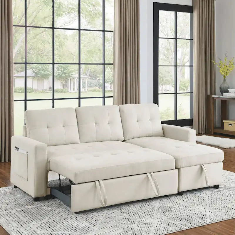 Beige 78.5 Reversible 3 Seater Sleeper Sectional Sofa with Storage Chaise, Pull-Out Bed and Side Pocket