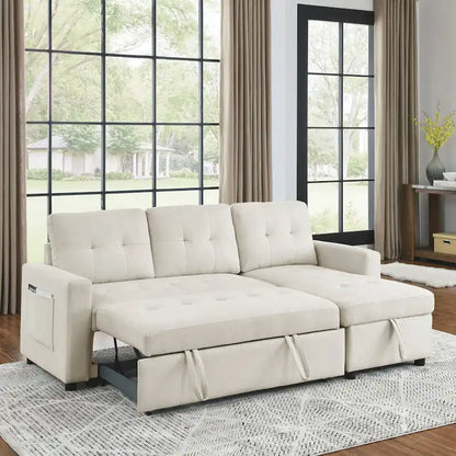 Beige 78.5 Reversible 3 Seater Sleeper Sectional Sofa with Storage Chaise, Pull-Out Bed and Side Pocket