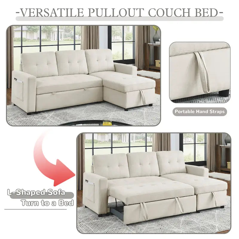 Beige 78.5 Reversible 3 Seater Sleeper Sectional Sofa with Storage Chaise, Pull-Out Bed and Side Pocket