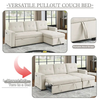 Beige 78.5 Reversible 3 Seater Sleeper Sectional Sofa with Storage Chaise, Pull-Out Bed and Side Pocket