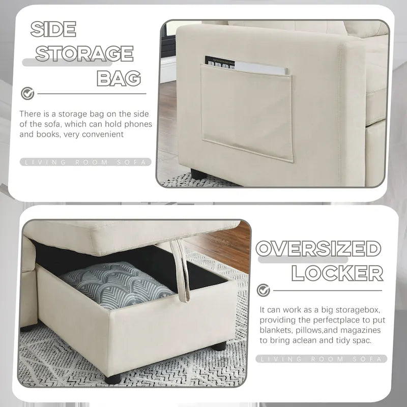 Beige 78.5 Reversible 3 Seater Sleeper Sectional Sofa with Storage Chaise, Pull-Out Bed and Side Pocket