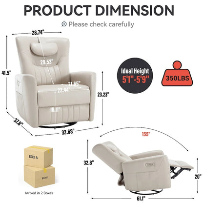 Power Swivel Rocker Recliner with Lumbar and Neck Support, USB & Type-C Charging Ports