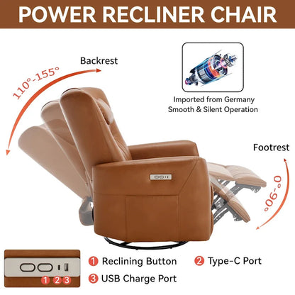 Power Swivel Rocker Recliner with Lumbar and Neck Support, USB & Type-C Charging Ports