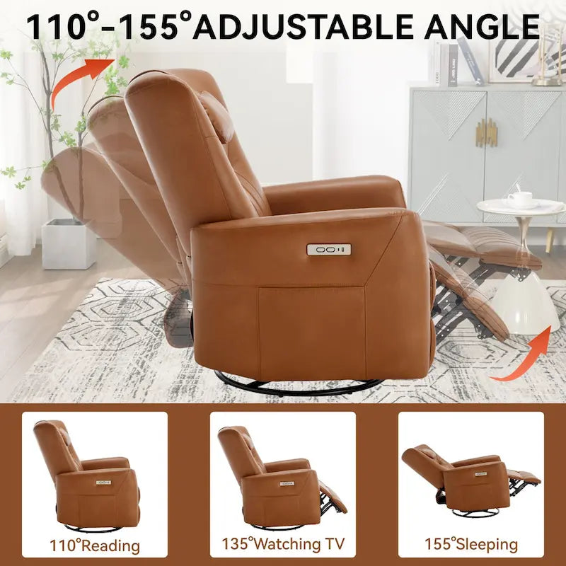 Power Swivel Rocker Recliner with Lumbar and Neck Support, USB & Type-C Charging Ports