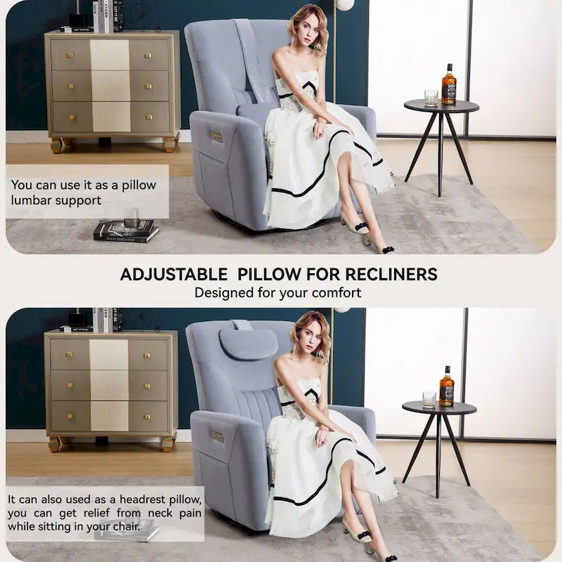 Power Swivel Rocker Recliner with Lumbar and Neck Support, USB & Type-C Charging Ports