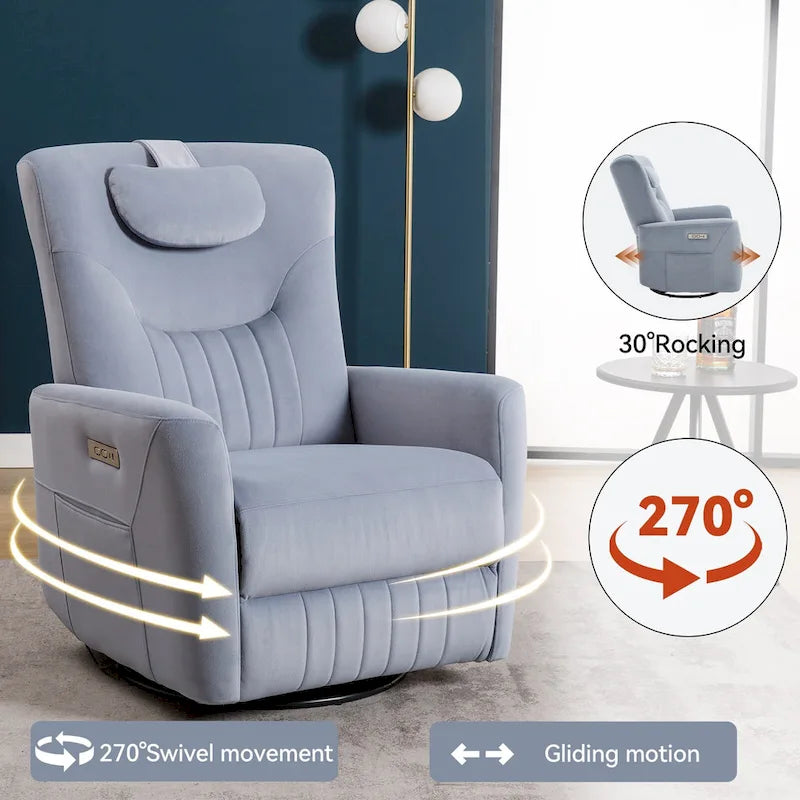 Power Swivel Rocker Recliner with Lumbar and Neck Support, USB & Type-C Charging Ports