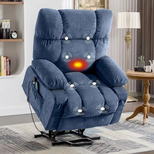 Blue Electric Lift Recliner with Heat, Massage, Infinite Recline Options, USB Ports, and Side Pockets