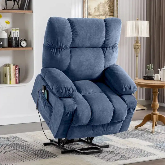 Blue Electric Lift Recliner with Heat, Massage, Infinite Recline Options, USB Ports, and Side Pockets