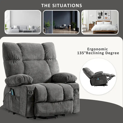 Blue Electric Lift Recliner with Heat, Massage, Infinite Recline Options, USB Ports, and Side Pockets