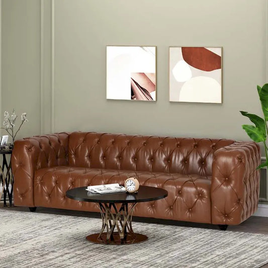 Faux Leather Button Tufted 3-seater Sofa with Wood Legs