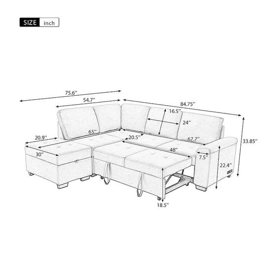 84.75 L-Shaped 5-Seat Sleeper Sectional Sofa with Storage Ottoman, Hidden Arm Storage, and USB Charging for Living Room