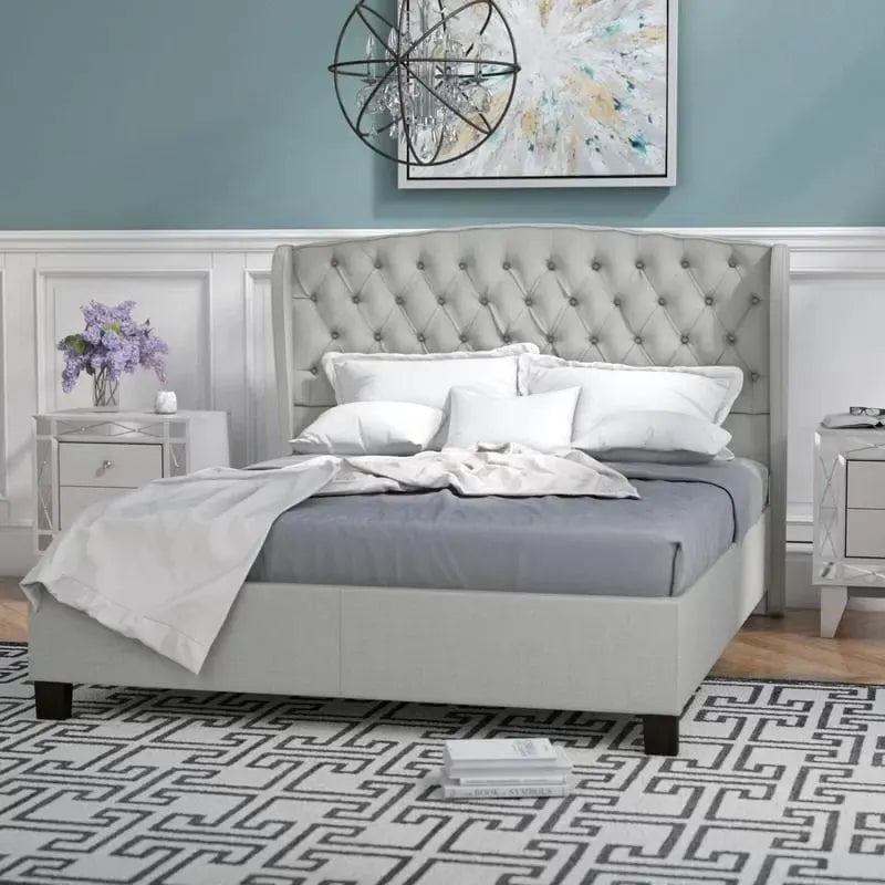 King Size Modern Upholstered Platform Bed with Button-tufted Headboard
