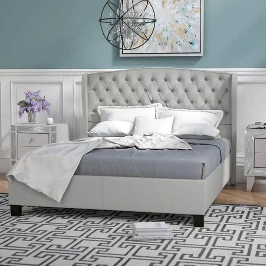 King Size Modern Upholstered Platform Bed with Button-tufted Headboard