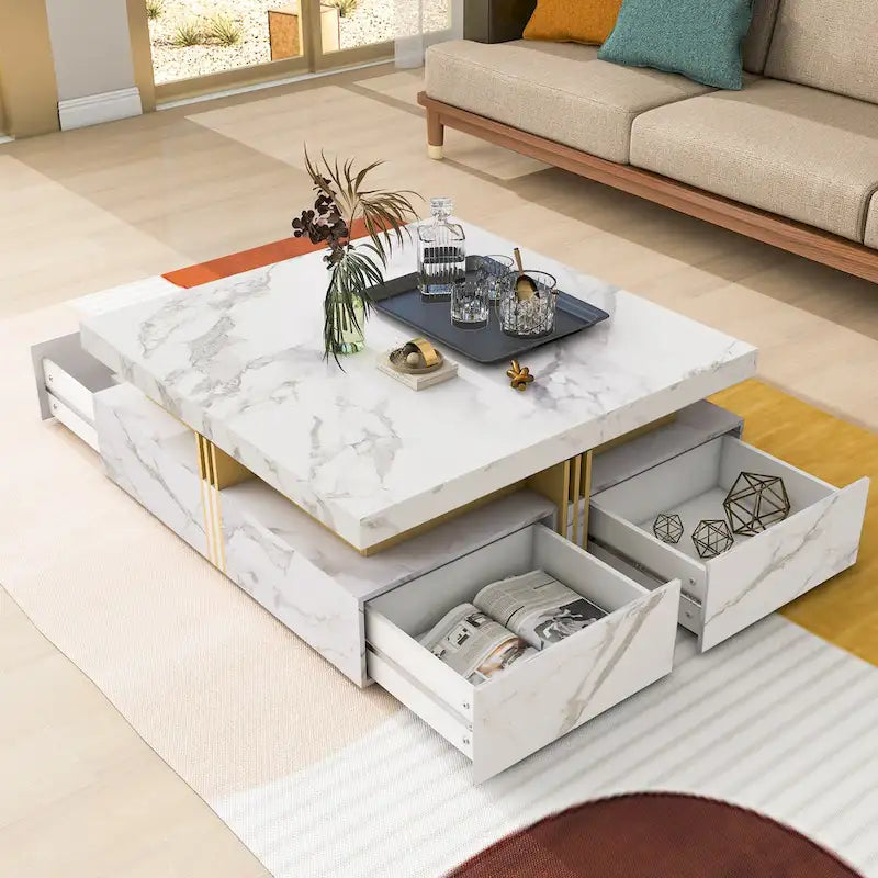 43.3 Modern Square Storage Coffee Table with 4 Drawers for Living Room