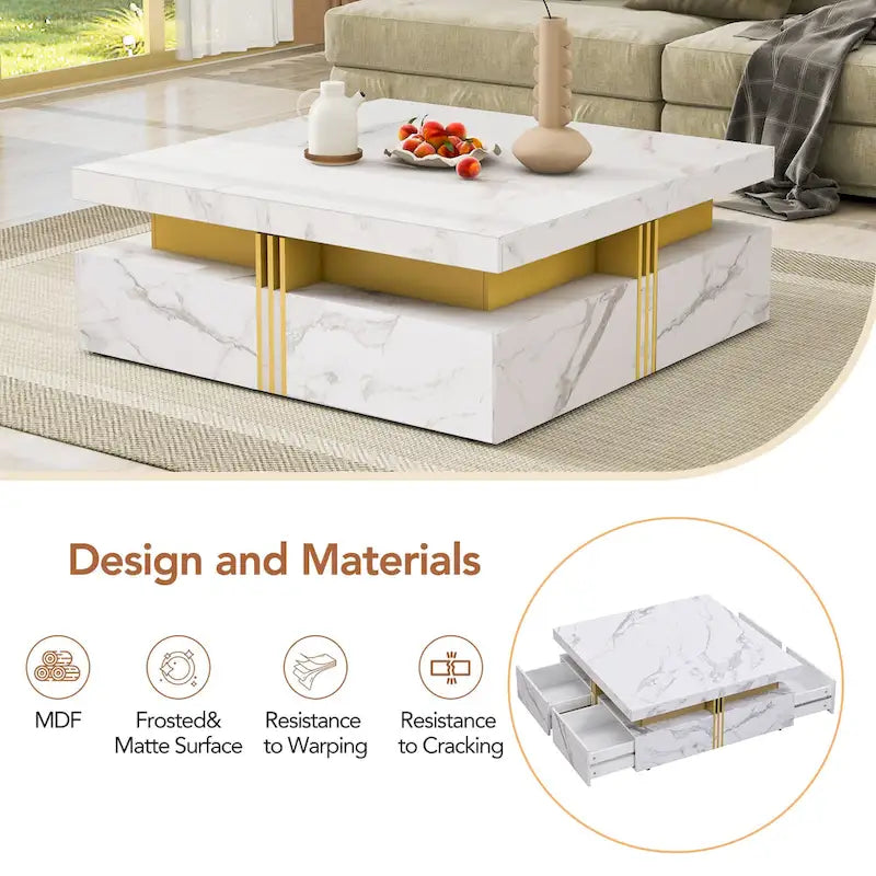 43.3 Modern Square Storage Coffee Table with 4 Drawers for Living Room