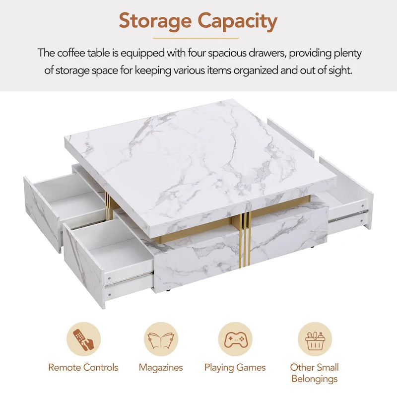 43.3 Modern Square Storage Coffee Table with 4 Drawers for Living Room