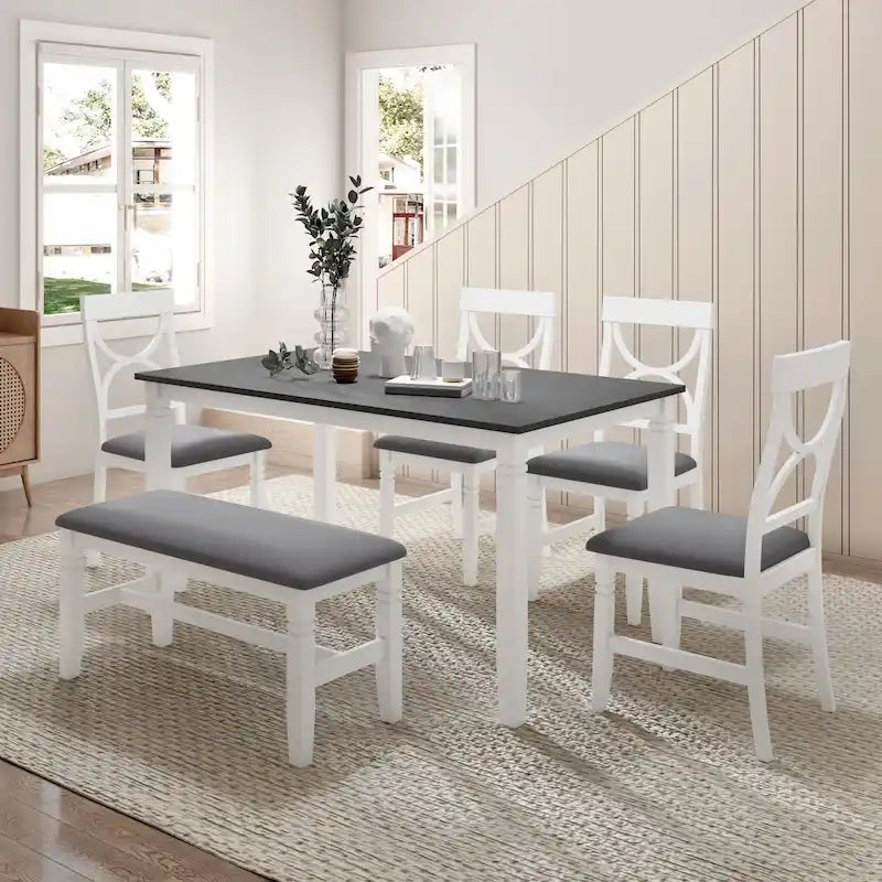 White Farmhouse 6-Piece Wooden Dining Table Set with Rectangular Table & 4 Chairs