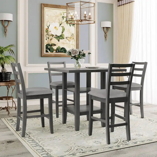 5-Piece Counter Height Wooden Dining Table Set with 4 Chairs & Shelf