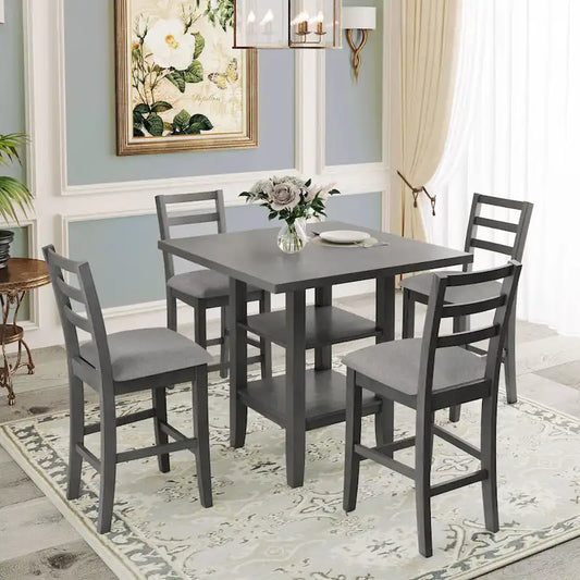5-Piece Counter Height Wooden Dining Table Set with 4 Chairs & Shelf