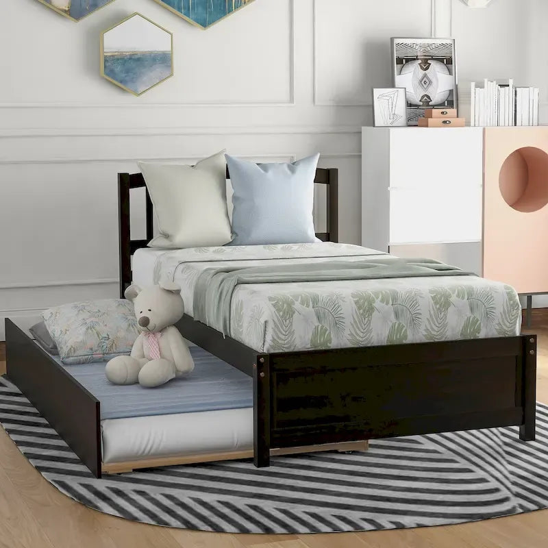 Twin Pine Platform Bed with Trundle & Slat Headboard