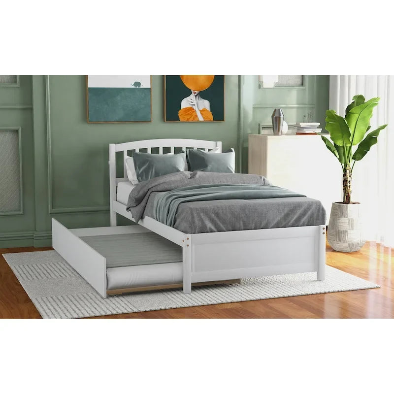 Twin Pine Platform Bed with Trundle & Slat Headboard