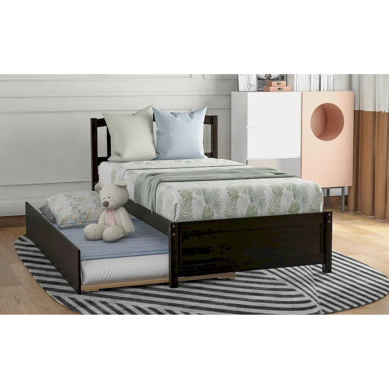 Twin Pine Platform Bed with Trundle & Slat Headboard