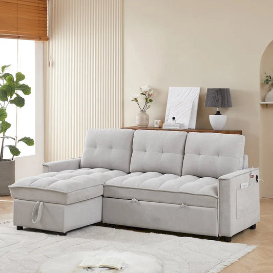 78.75 Chenille Pull-Out L-Shaped Sofa Bed with Charging Ports
